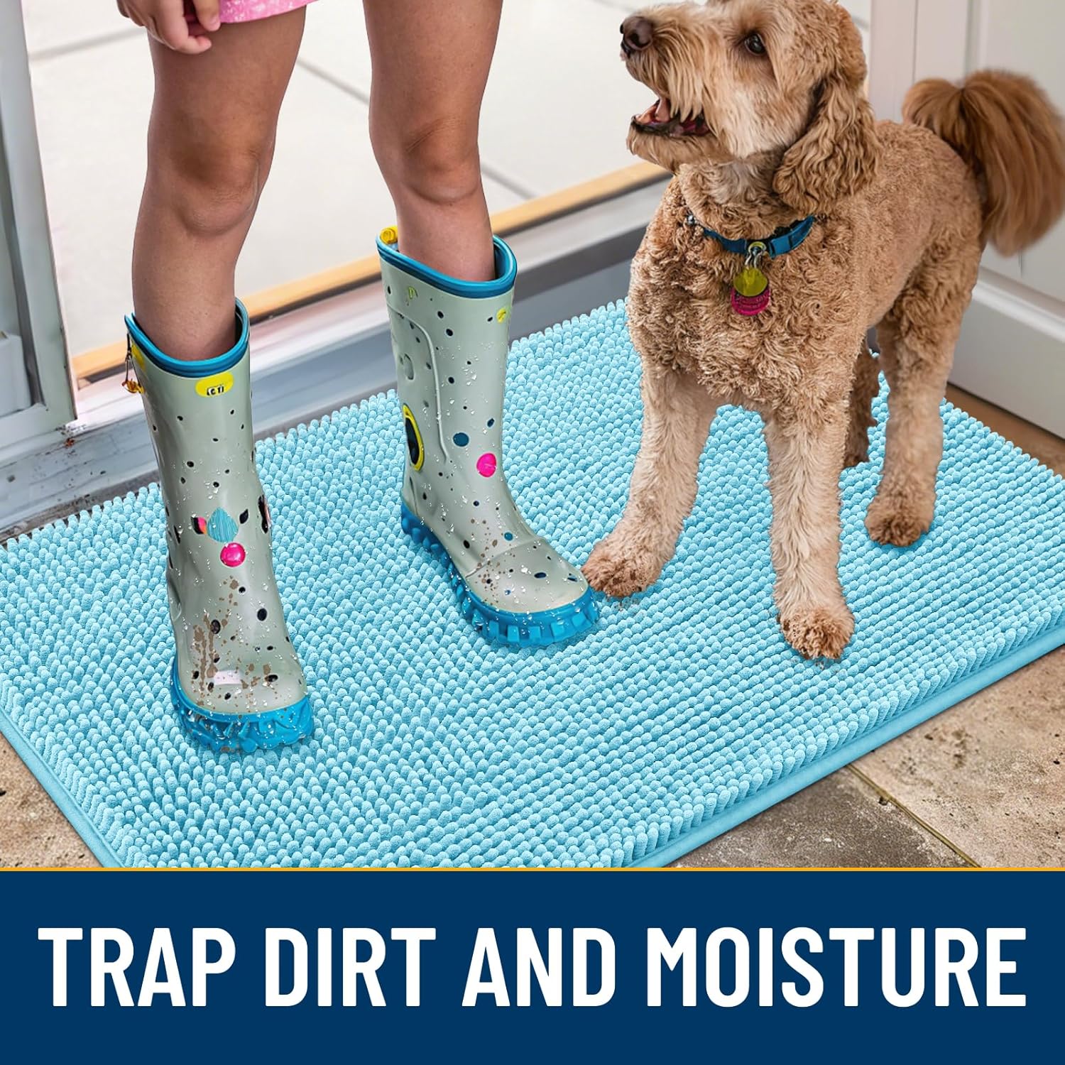 Smiry Dog Door Mat for Muddy Paws 36x24, Absorbs Moisture and Dirt Doormat, Non-Slip Washable Quick Dry Chenille Front Door Mat Indoor Entrance, Entryway Carpet for Inside Floor, Sky Blue