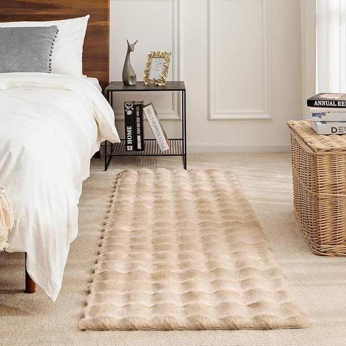 Ashler Faux Rabbit Fur Area Rug, Beige 3x5 FT Fluffy Soft, Rectangle Fuzzy Carpet for Living Room, Bedroom, Machine Washable Shaggy Nursery Rug - 3D Bubble Rug