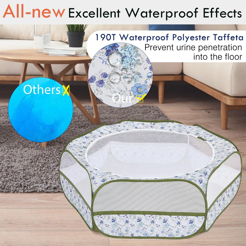 Pawaboo Small Animals Playpen, Waterproof Small Pet Cage Tent with Zippered Cover, Portable Outdoor Yard Fence with 3 Metal Rod for Chick/Kitten/Puppy/Guinea Pig/Rabbits/Hamster, Blue + White Flower