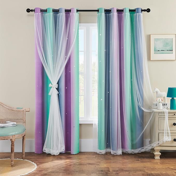 XiDi Purple Grey Curtains for Kids Bedroom Colorful Rainbow Design Cute Green Blackout Curtains for Girls Princess Room Decor Kitchen Cafe Window Grommet Top 2 Panels Set 54 inchs Long 52 Inches Wide