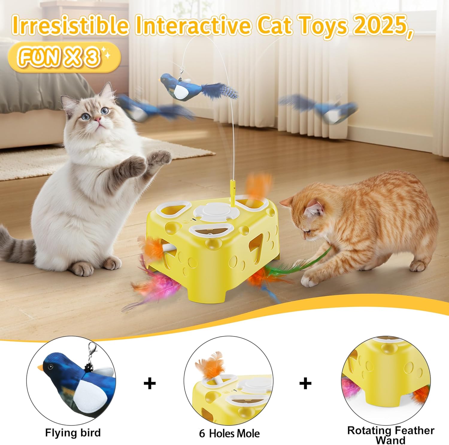 3-in-1 Interactive Cat Toy for Indoor Cats,Automatic Kitten Toys,Flying Bird,6 Holes Mole,Rotating Feather, USB Rechargeable Electronic Interactive Feather Toy for Bored Adult & Kitten Cats