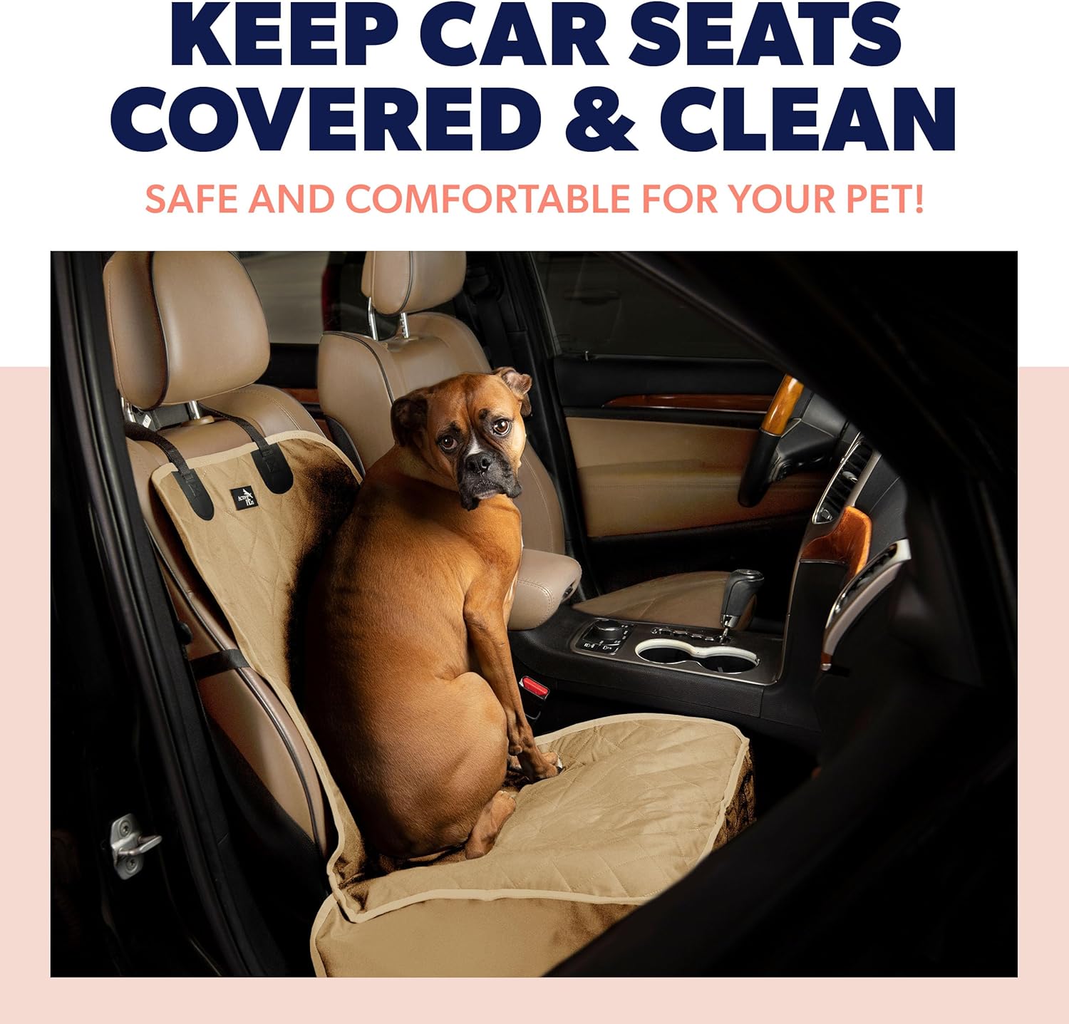Active Pets Dog Car Seat Cover, Waterproof Front Seat Protector for SUV Truck Sedan, Pet Safety Travel Comfort System with Universal Fit, Beige