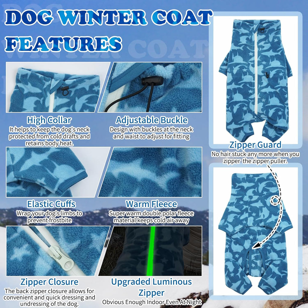 ROZKITCH Dog Fleece with Legs, Pet Windproof Warm Cold Weather Jacket Vest with Luminous Zipper, Jumpsuit Apparel Outfit Clothes for Small Medium Large Dog Shark XS