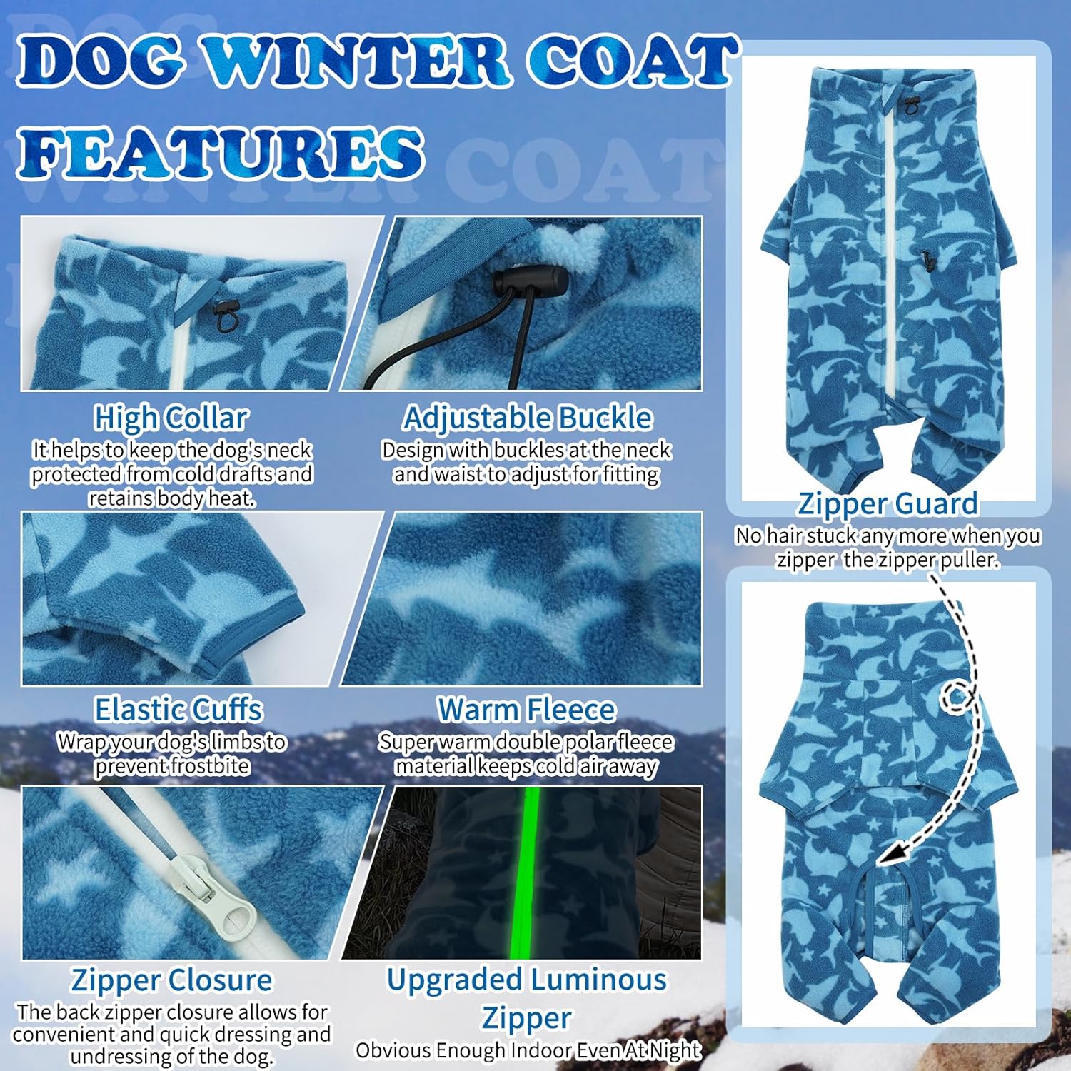 ROZKITCH Dog Fleece with Legs, Pet Windproof Warm Cold Weather Jacket Vest with Luminous Zipper, Jumpsuit Apparel Outfit Clothes for Small Medium Large Dog Shark XS