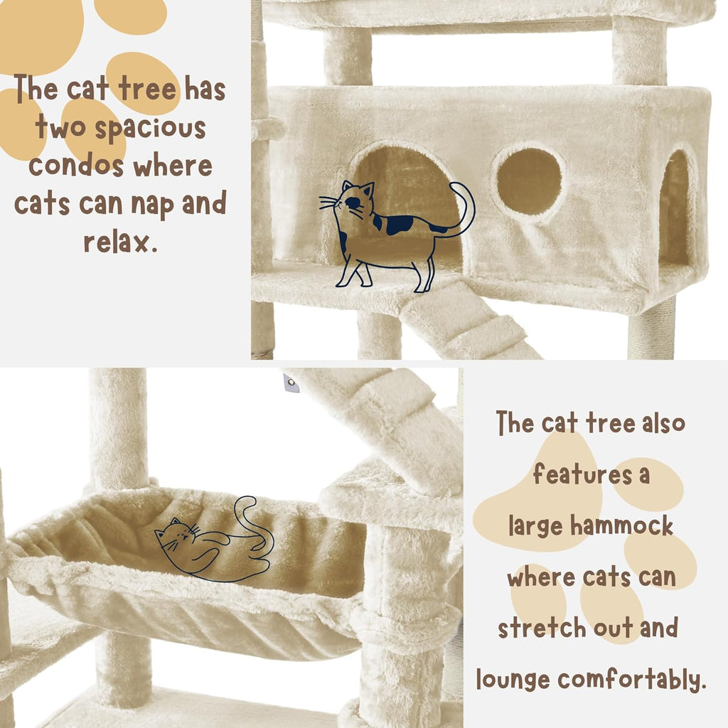 Cat Tree, 80-Inch Large Cat Tower with 9 Scratching Posts, 2 Perches, 2 Caves, 2 Basket, 2 Stairs, Extra Large Hammock, Pompoms, Multi-Level Plush Cat Condo for Indoor Cats/Beige