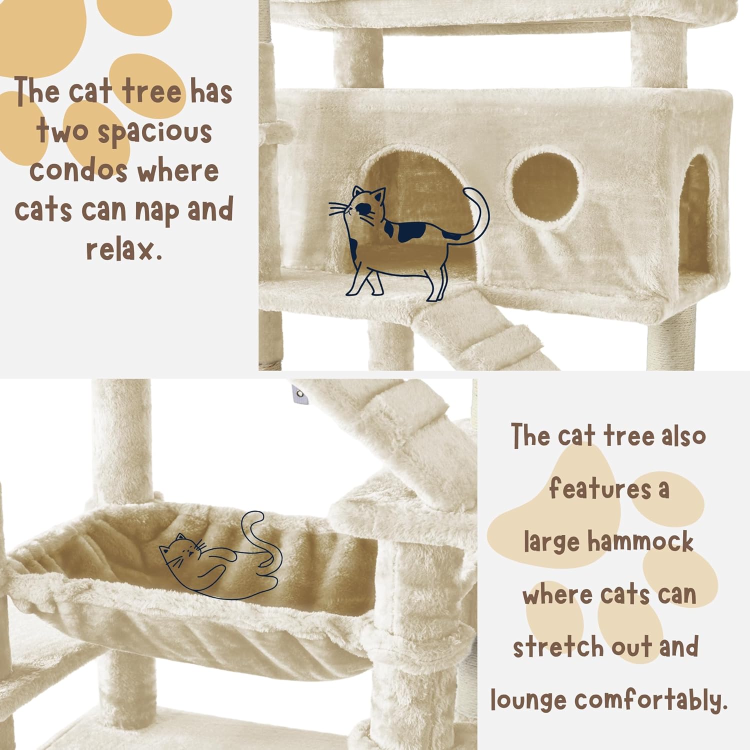 Cat Tree, 80-Inch Large Cat Tower with 9 Scratching Posts, 2 Perches, 2 Caves, 2 Basket, 2 Stairs, Extra Large Hammock, Pompoms, Multi-Level Plush Cat Condo for Indoor Cats/Beige