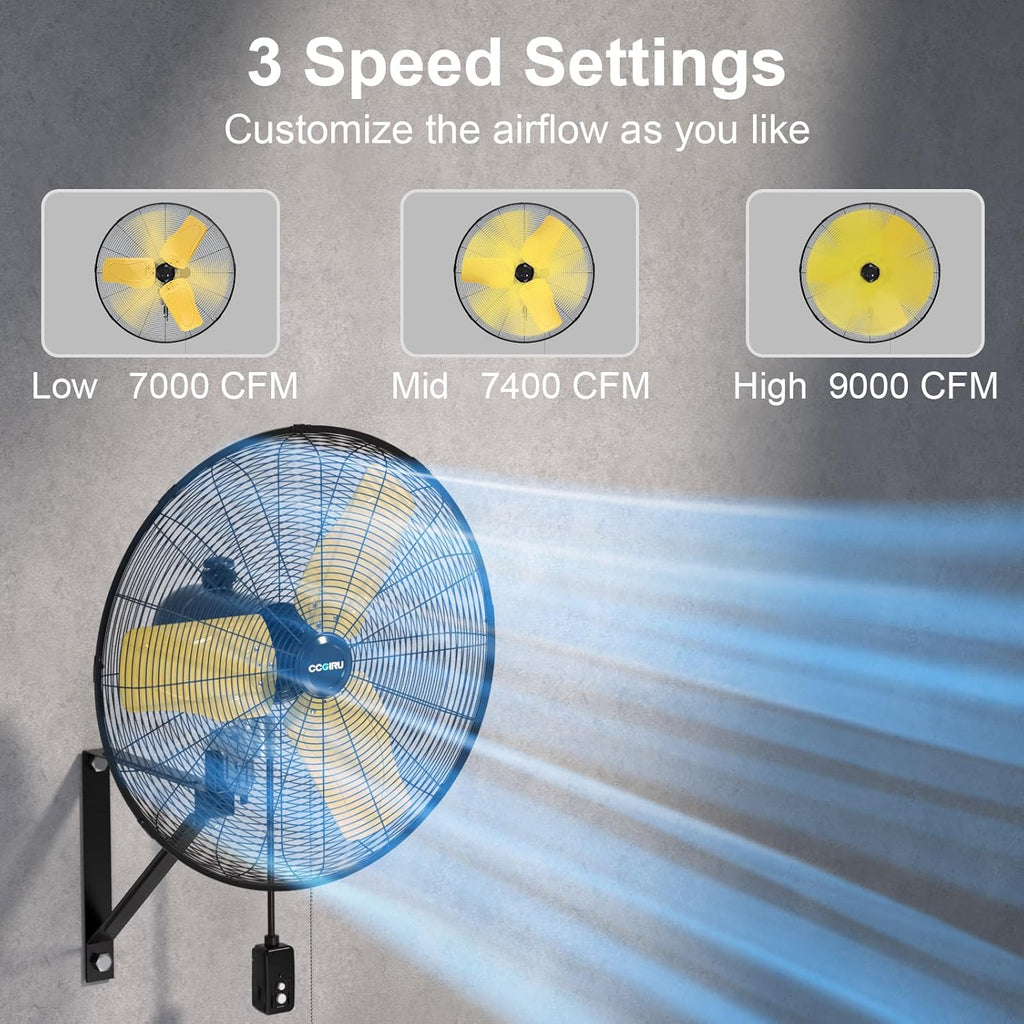 9000 CFM 24" Outdoor Oscillating Wall Fan, High Velocity 3-Speed Waterproof Professional Outdoor Fan, Heavy Duty Industrial Wall Mount Fans for Patio, Commercial, Garage, Warehouse, UL Listed