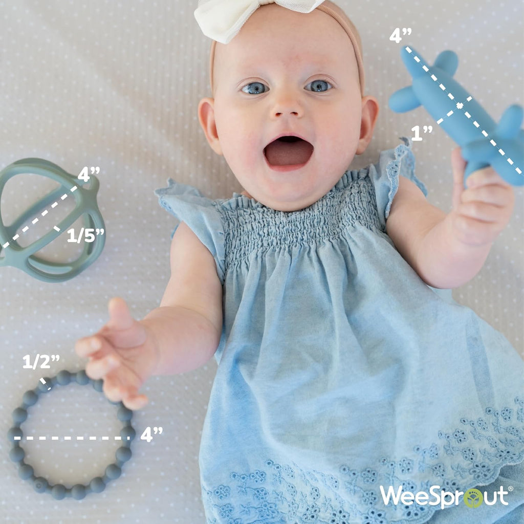 WeeSprout Silicone Baby Teether Toys for Infant Babies and Toddlers, Cute Ring, Puppy Dog, and Ball, Soft and Flexible, BPA Free, Boys and Girls (Matte Dark Gray, Blue & Green)