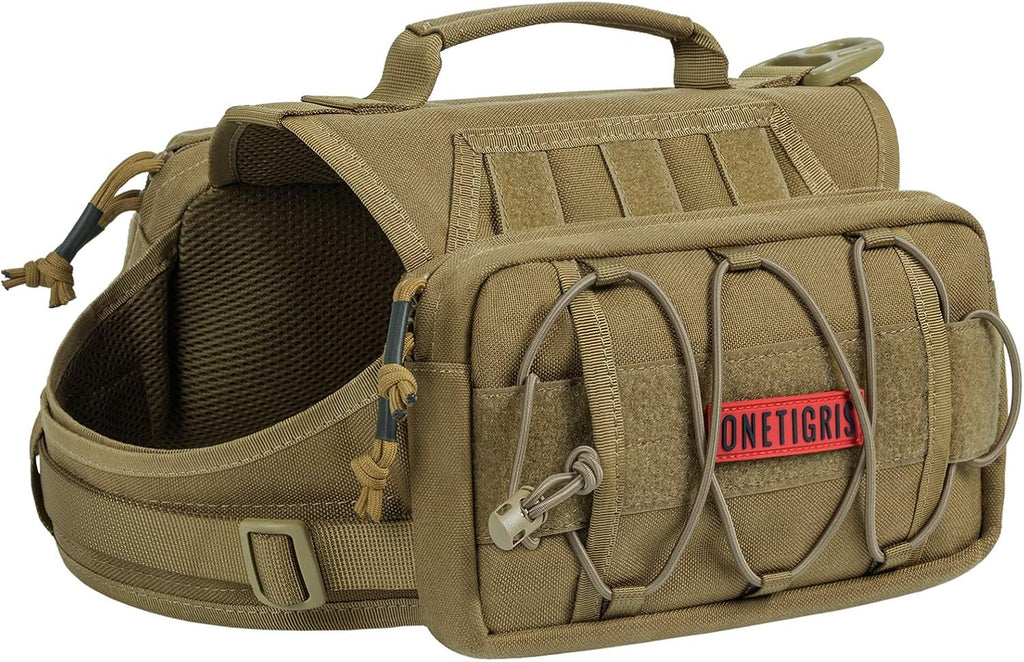 OneTigris Dog Backpack for Medium & Large Dogs, Nylon Backpack for Dogs Tactical Pet Backpack with Side Pockets for Hiking Walking Training Running (Brown, Large)