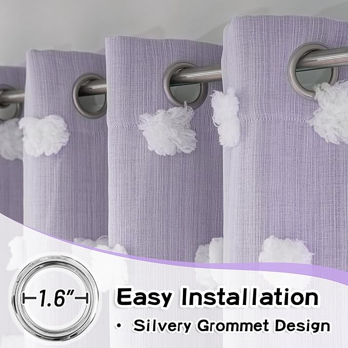 MYSKY HOME Girls Curtains for Bedroom Lilac Curtains 90 Inches Long Nursery Curtains White Pom Pom Sheer Curtains for Dining Room Grommet Double Layer Toddler Room Darkening Window Panels W52 X L90
