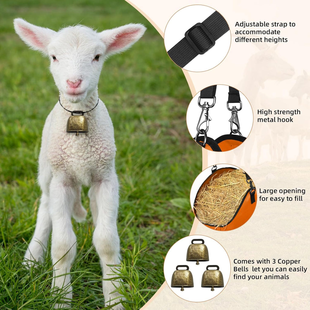 3 PCS Goat Hay Feeder,Hay Bags for Horses,Goats,Donkeys with Reinforced Oxford Fabric and High Strength Metal Clasp,Horse Feeding Supplies with Adjustable Strap for Easy Hanging (2Orange+1Black)