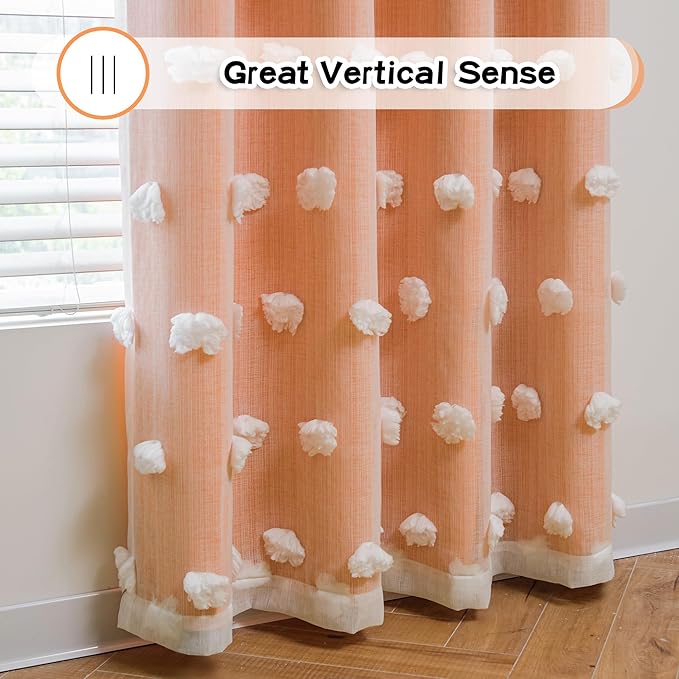 MYSKY HOME Orange Curtains 90 Inch Long for Living Room Nursery Curtains for Bedroom Double Layer Curtains White Pom Pom Sheer Curtains for Dining Room Grommet Room Darkening Window Panels 52" x 90"