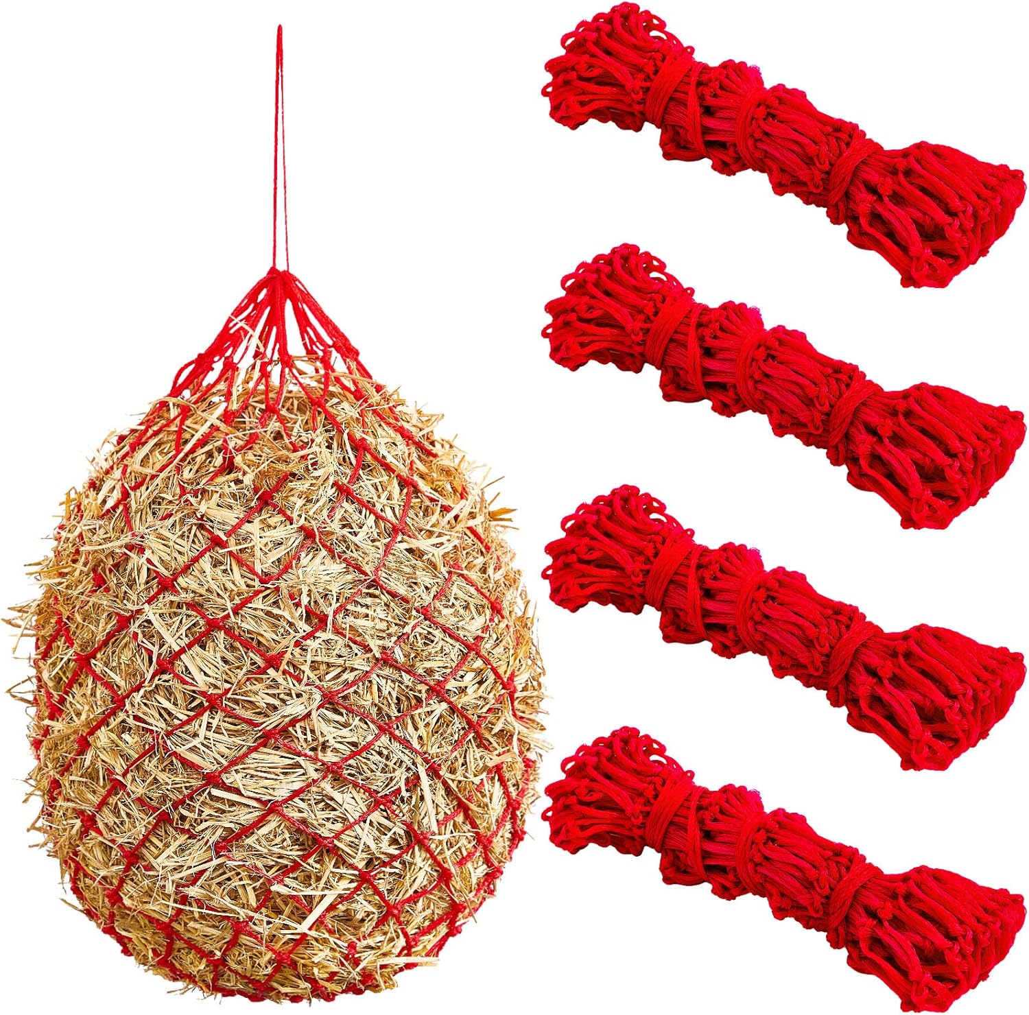 Fabbay 4 Pcs Slow Feed Hay Net Feeder Hay Bag for Horses Slow Feeder 40 Inch Length with 2 Inch Holes Hanging Horse Feed Net for Goat Cattle Equine Stalls Barn Supplies(Red)