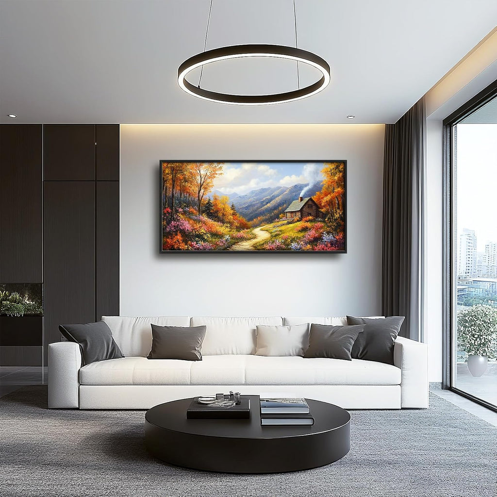 Framed Large Autumn Mountain Wall Art for Living Room, Oversized Wildflower Tree Wall Decor Nature Landscape Canvas Painting Modern Artwork Home Decoration for Living Room Bedroom 60"x30"