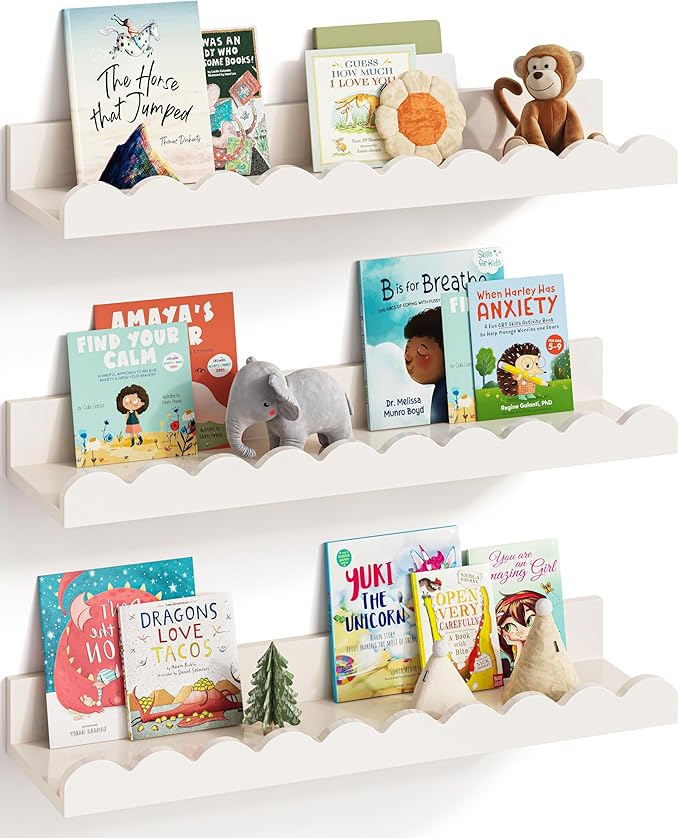G&W Gruwald Nursery Book Shelves, Set of 3, Nursery Decor for Baby and Toddler, Scalloped Shelves, Book Shelf for Kids Rooms, Wall Book Shelf for Bedroom Kids