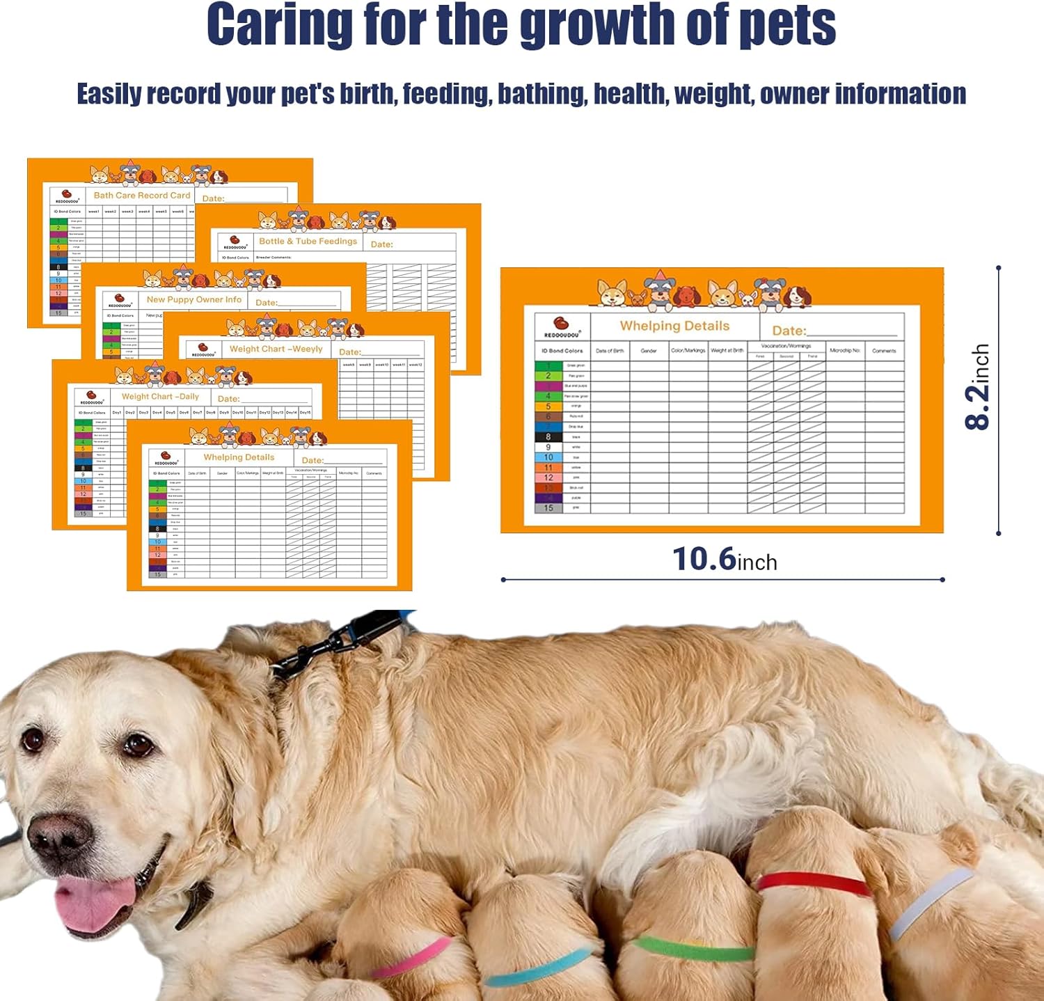 Puppy Kitten Whelping Kit, Newborn Dogs Cats Pet Whelping Kit with 6P Record Keeping Charts, 15P Pet ID Collars, 1P Aspirator Bulb, 15P Umbilical Cord Clip, 1P Hemostatic Forcep