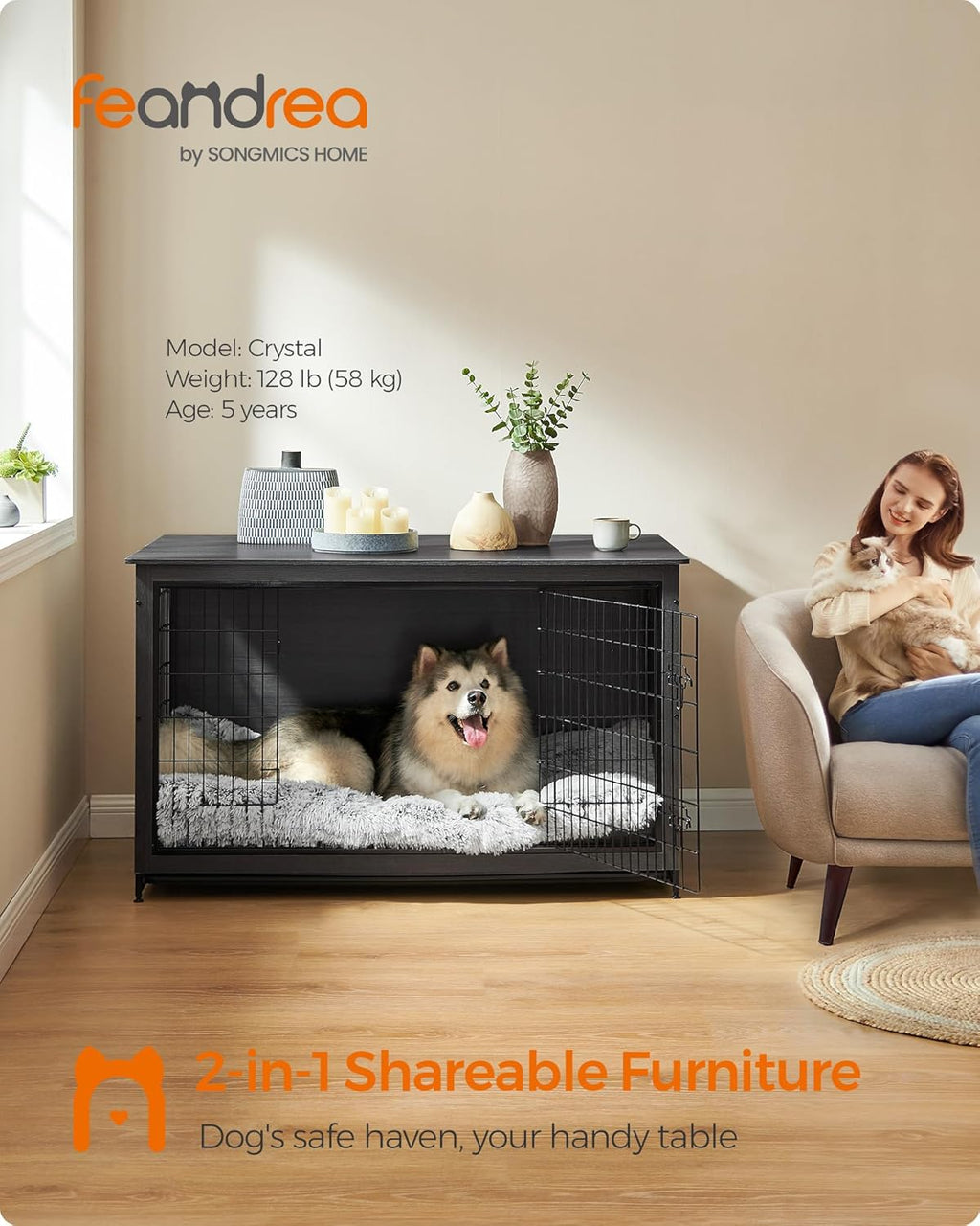 Feandrea Dog Crate Furniture, 56.1" Modern Kennel for Dogs Indoor up to 105 lb, Heavy-Duty Dog Cage with Multi-Purpose Removable Tray, Double-Door Dog House, Ink Black UPFC005B01