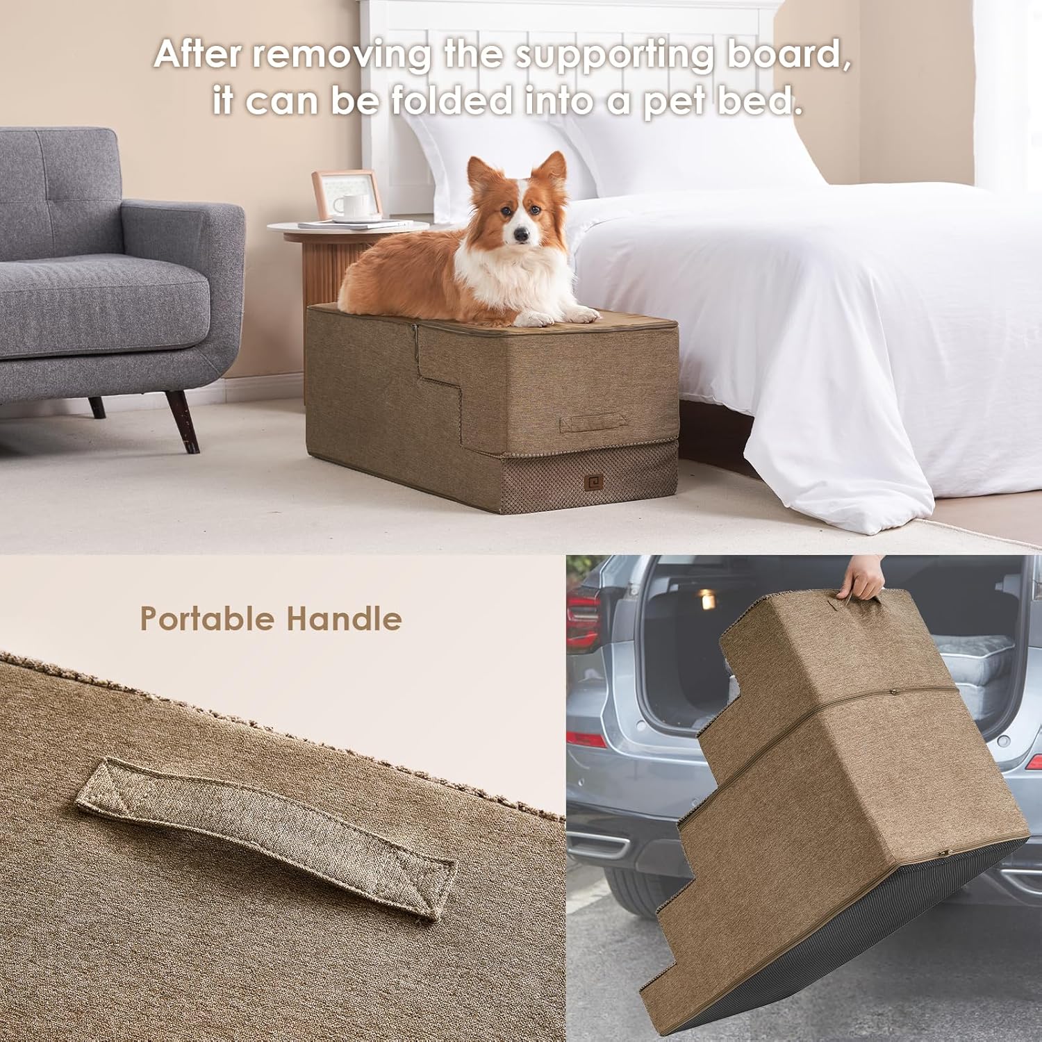 EHEYCIGA Dog Stairs for High Bed 25" H, 5-Step Extra Wide Dog Steps for Bed, Pet Steps for Small Dogs and Cats, Non-Slip Balanced Pet Ramp Indoor, Camel