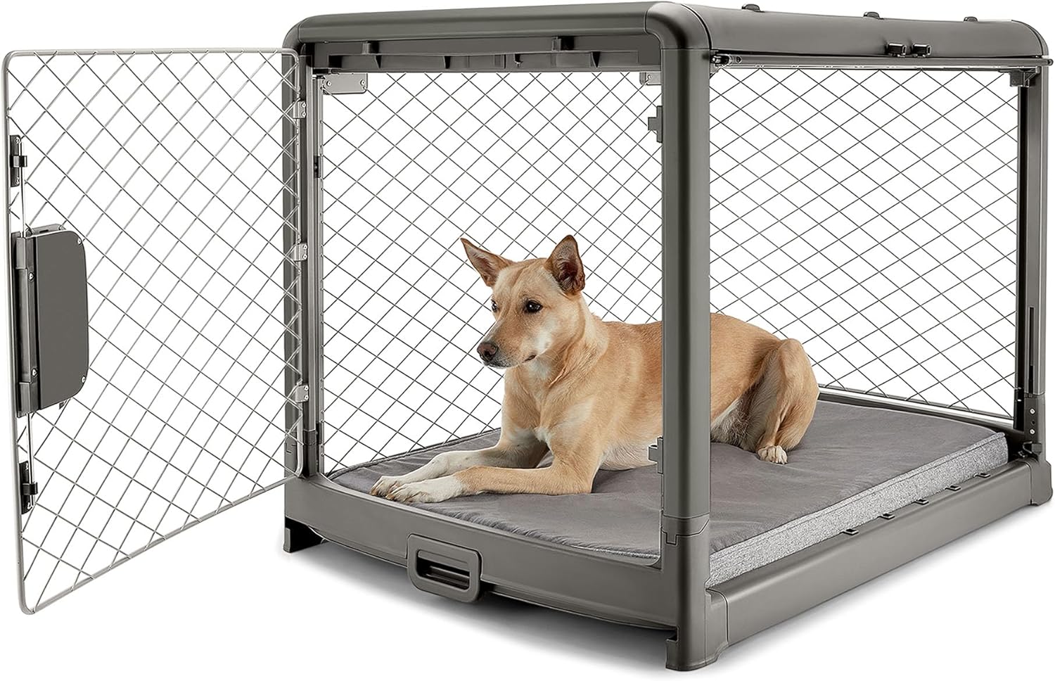 DIGGS Revol Collapsible Dog Crate with Wheels - Premium Portable Dog Crate - Safe, Stylish, and Convenient Indoor Kennel (Smoke, Intermediate)