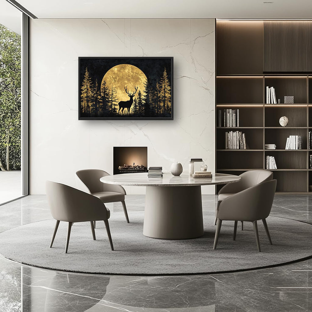 Large Moon Forest Deer Wall Art for Living Room, Black Deer Canvas Oversized Wall Decor, Elk Animal Aesthetics Framed Pictures Painting Print Artwork for Bedroom Office 36L" x 24W"