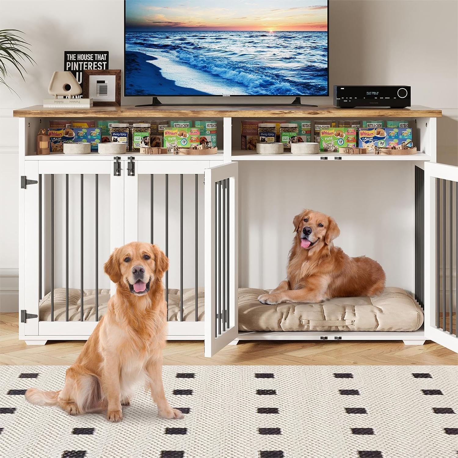 63'' Dog Crate Furniture for 2 Dogs, Wooden Dog Cage with Storage Compartment, Indoor Dog Kennel with 4 Doors for Large/Medium Dogs, White