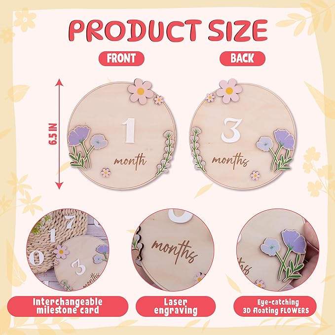 Baby Monthly Milestone Wooden Sign with Numbers and Stand – Natural Wood Milestone Board for Newborn Monthly Growth Photos – Cute 3D Flowers Photo Prop for Baby Milestone Memories (Flower)