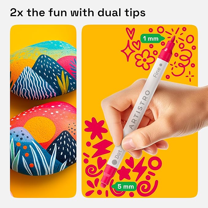 ARTISTRO 12 Acrylic Paint Markers for Rock, Fabric, Wood, Glass, Craft, Decoration - Dual-Tip Paint Pens - Stocking Stuffers, Christmas Gift Idea for Teens, Grandkids, Kids - Art Supplies