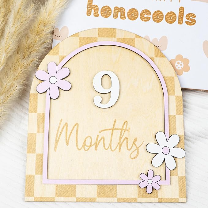 Daisy Flower Baby Monthly Milestone Cards - Wooden Monthly Milestone Double Sign - Newborn Photography Props to Document Your Baby´s Growth - Baby Announcement Sign (B10)