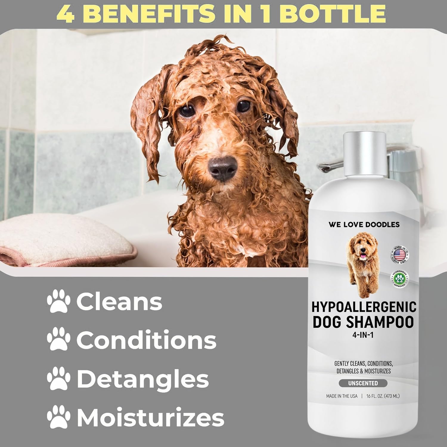 Hypoallergenic Dog Shampoo, Conditioner, and Detangler | Made in USA | Eco-Friendly Ingredients | Shampoo for Dogs with Sensitive Skin & Allergies | 16 OZ [We Love Doodles]