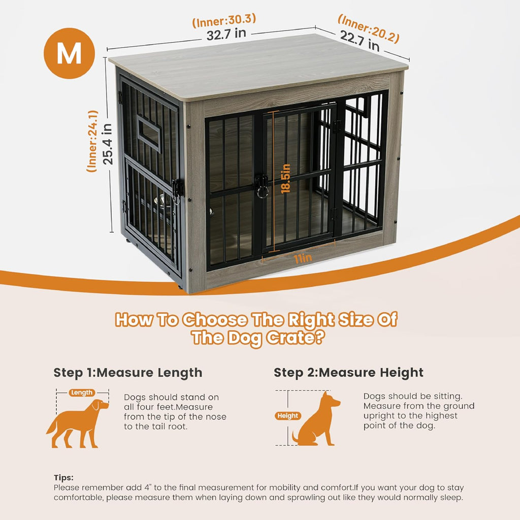 Gardner Pet Dog Crate Furniture for Medium Dogs, 32.7 Inch Dog Kennel Indoor, Wooden Dog Cage End Table with 2 Removable Bowls, Heavy Duty Dog Crate, Rustic Grey