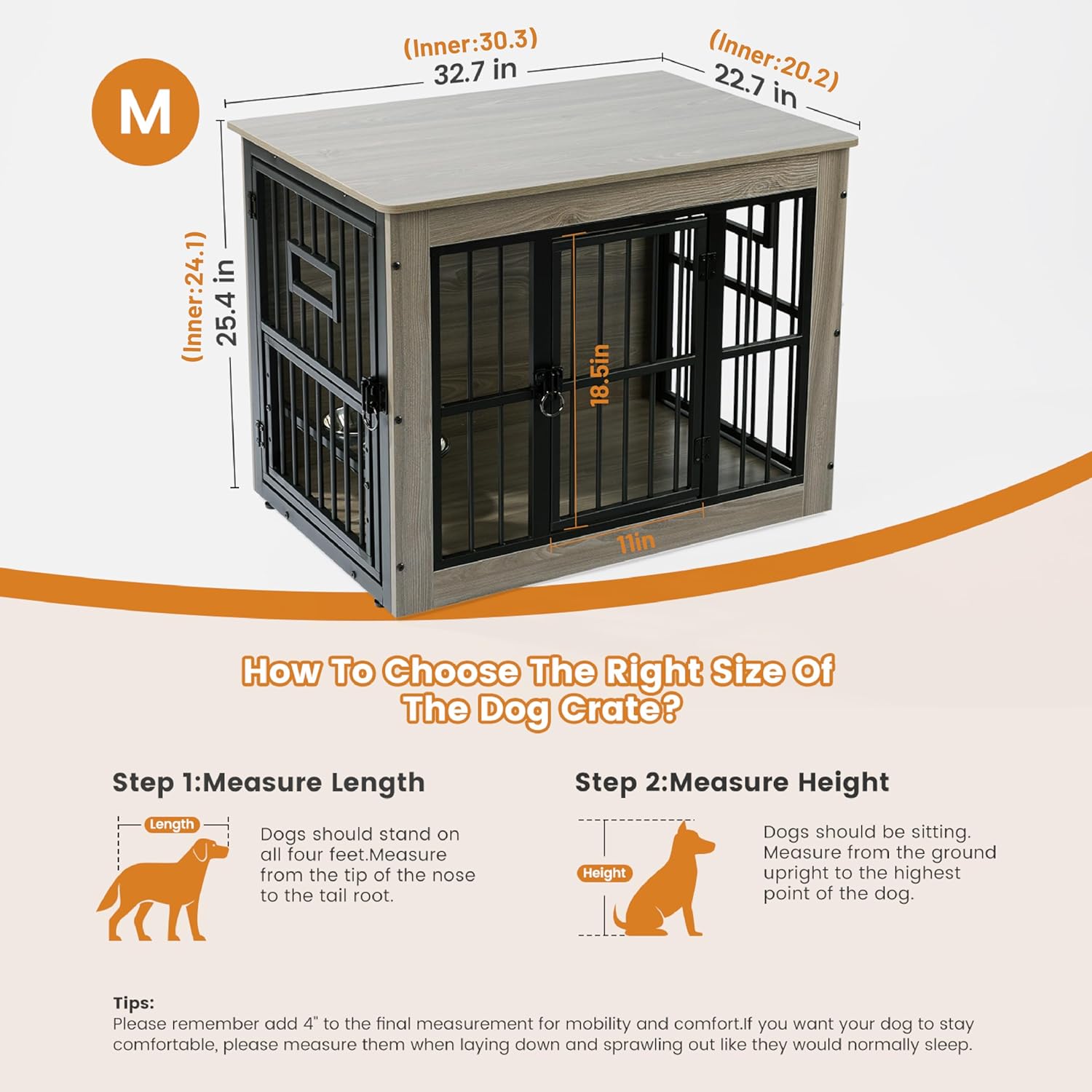Gardner Pet Dog Crate Furniture for Medium Dogs, 32.7 Inch Dog Kennel Indoor, Wooden Dog Cage End Table with 2 Removable Bowls, Heavy Duty Dog Crate, Rustic Grey