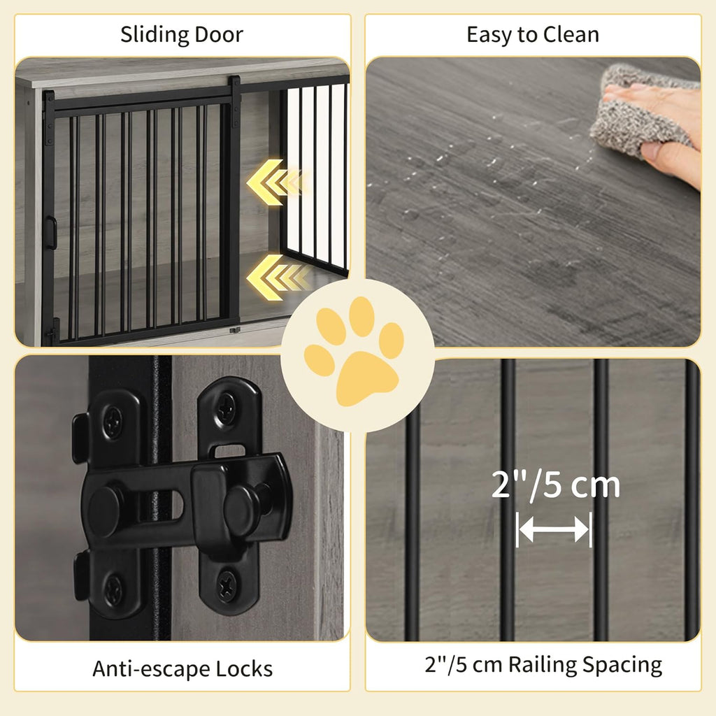 27.2" Dog Crate Furniture with Barn Door, Heavy Duty Dog Kennel Indoor with 2 Doors, Wooden Pet Cage End Table for Small Medium Dogs up to 22 lb, Anti-Chew Anti-Escape, Greige DFC84305B