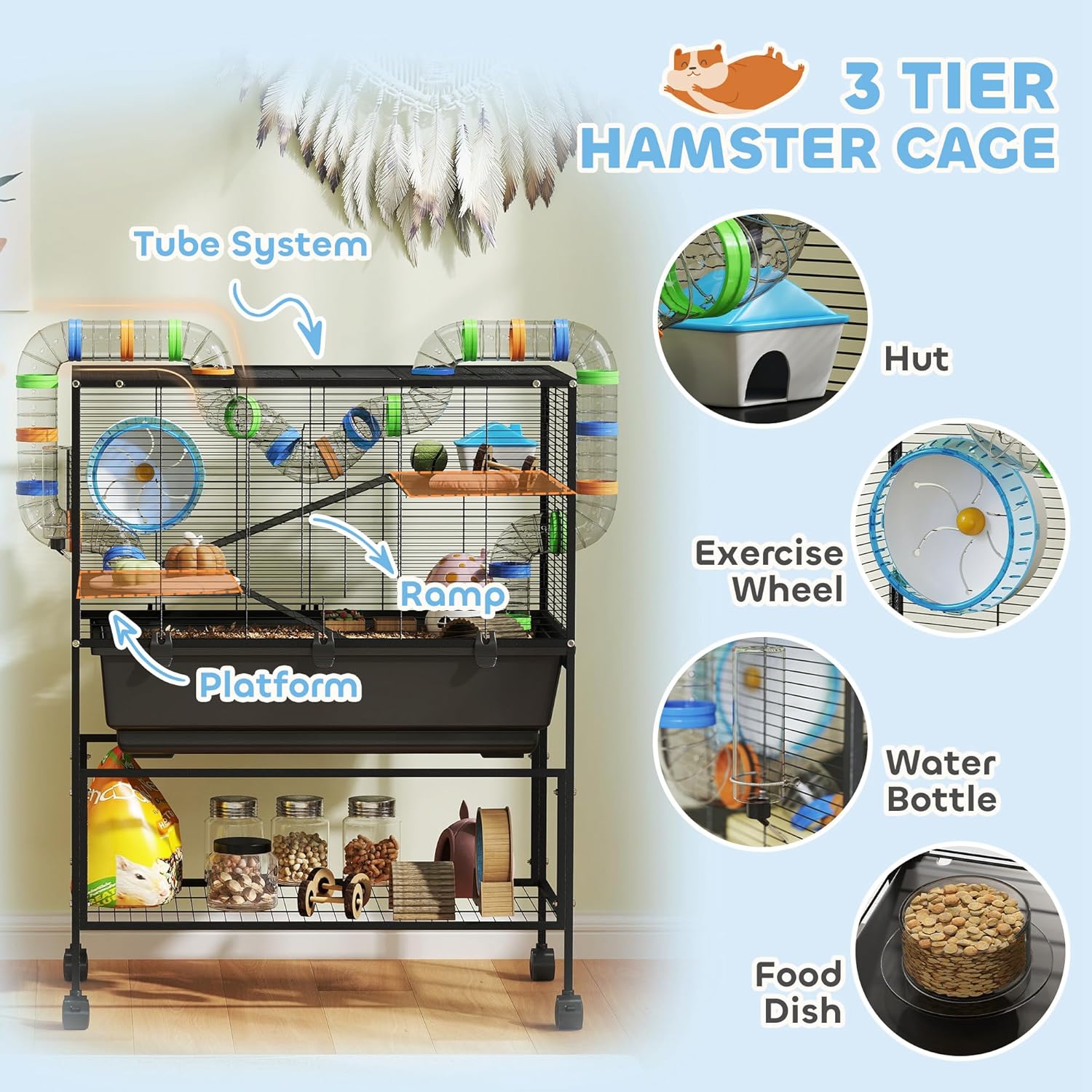 PawHut Hamster Cage with Deep Tray, 3 Tier Rolling Rat Cage with Storage Shelf, Big Exercise Wheel, Tube System, Hut, Platforms, Ramps, Food Dish, Water Bottle, for Syrian, Gerbil, Mouse