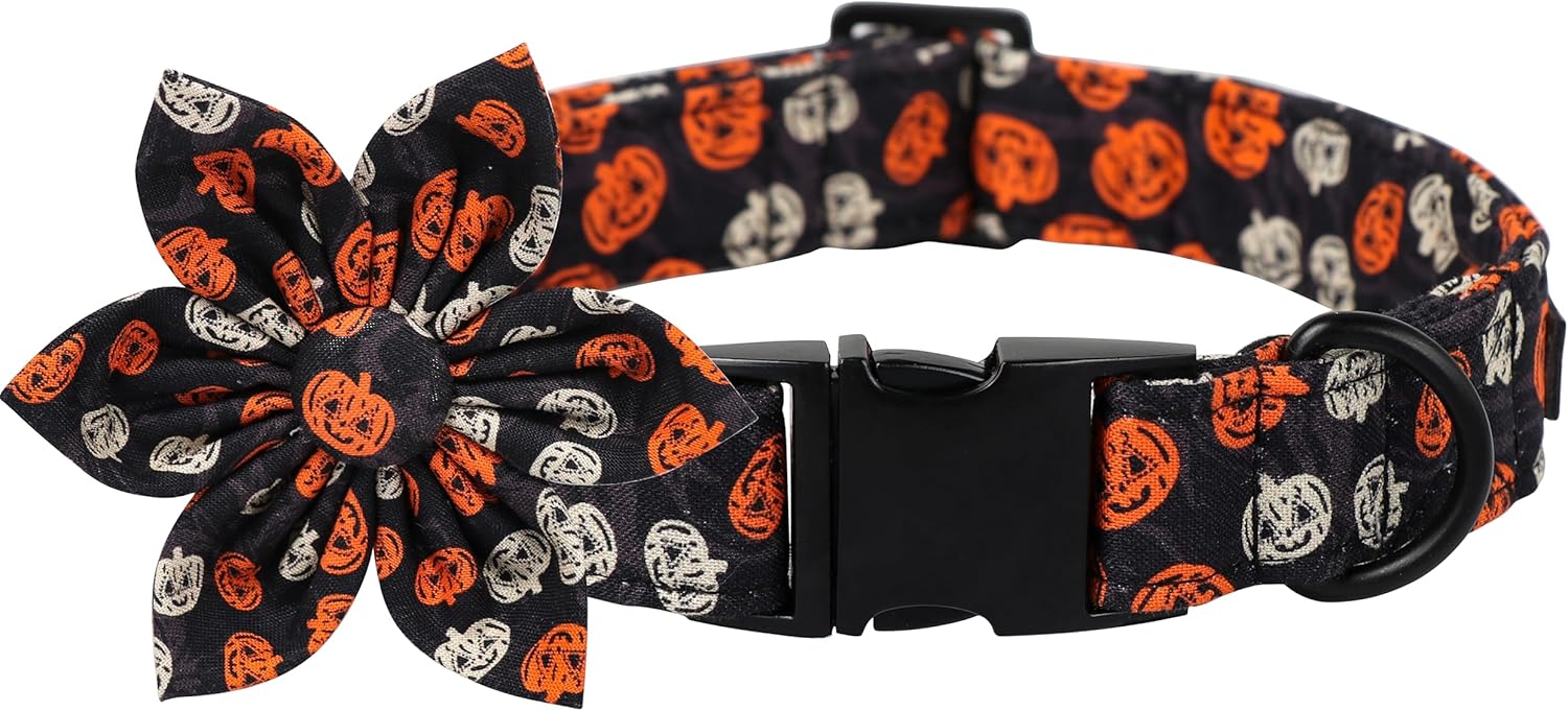 Lionet Paws Dog Collar with Flower - Cute Cotton Adjustable Flower Dog Collar with Metal Buckle for Large Dog Girl Gift, L, Neck 16-24in