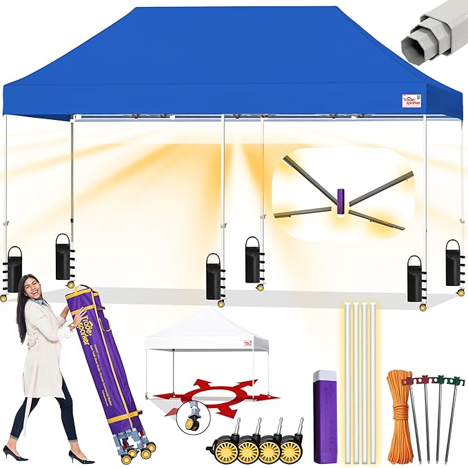 Tradesparker 10x20 Pop Up Canopy Tent,Commercial Movable Canopy with ApexCore LED & Rugged Casters-Instant Easy Setup Shelter Canopies with Weight Bags & Stakes for Oudoor Events Markets Vendors,Blue