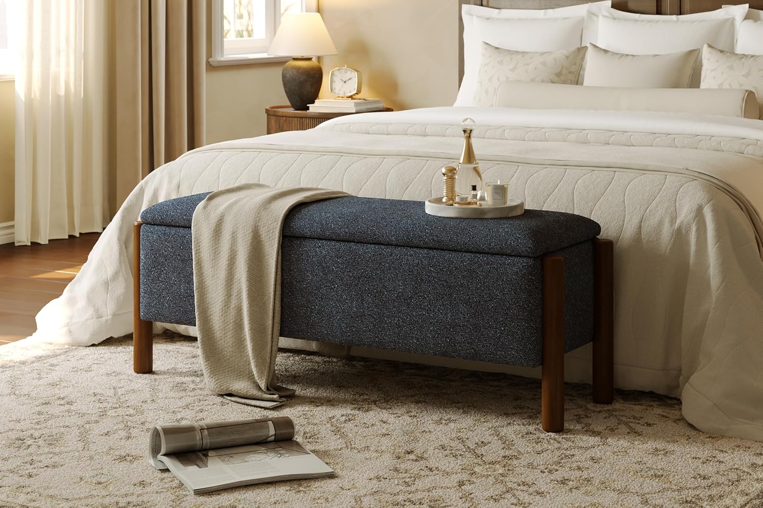 Modern Storage Benches with Walnut Wood Legs, 47'' Ottoman Bench with 20 Gallons Storage Space for Bedroom End of Bed, Fabric Upholstered Entryway Bench with Seating for Livingroom, Blue