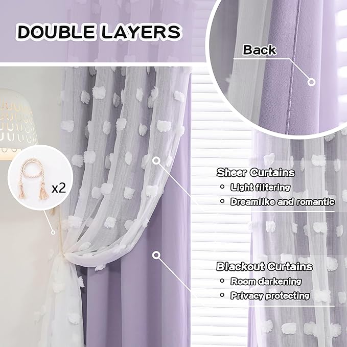 MYSKY HOME Light Blocking Lilac Curtains White Sheer Pom Pom Kids Room Decor Drapes for Living Room 95 Inches Long Double Layer Curtains for Sliding Door Grommet Window Panels Set of 2 52" x 95"