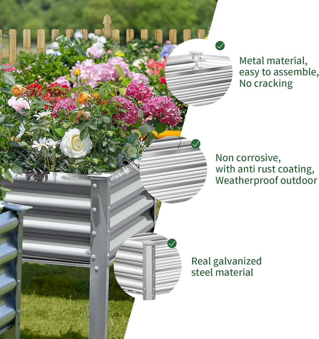 Land Guard Galvanized Raised Garden Bed with Legs, 96×24×32in Raised Garden Beds Outdoor with Drainage Holes, Planter Boxes Outdoor for Backyard, Patio, Balcony, 800lb Capacity, Silver
