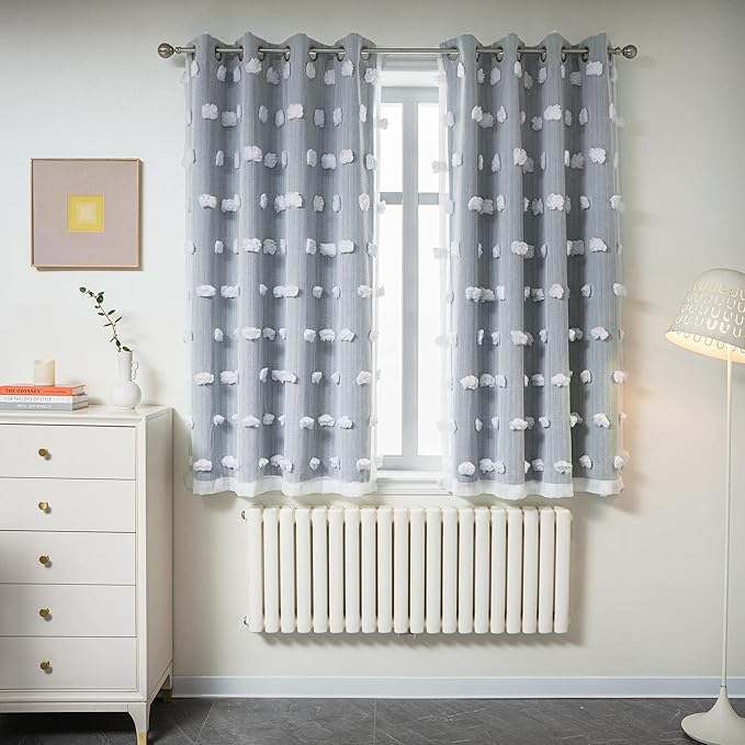 MYSKY HOME Kids Curtains for Boys Bedroom Room Darkening Grommet Double Layer Blackout Curtains 2 Panels for Son Room Decor 63 Inches Long White Pom Pom Sheer 2 Layers Dusty Blue 52 x 63 Inch