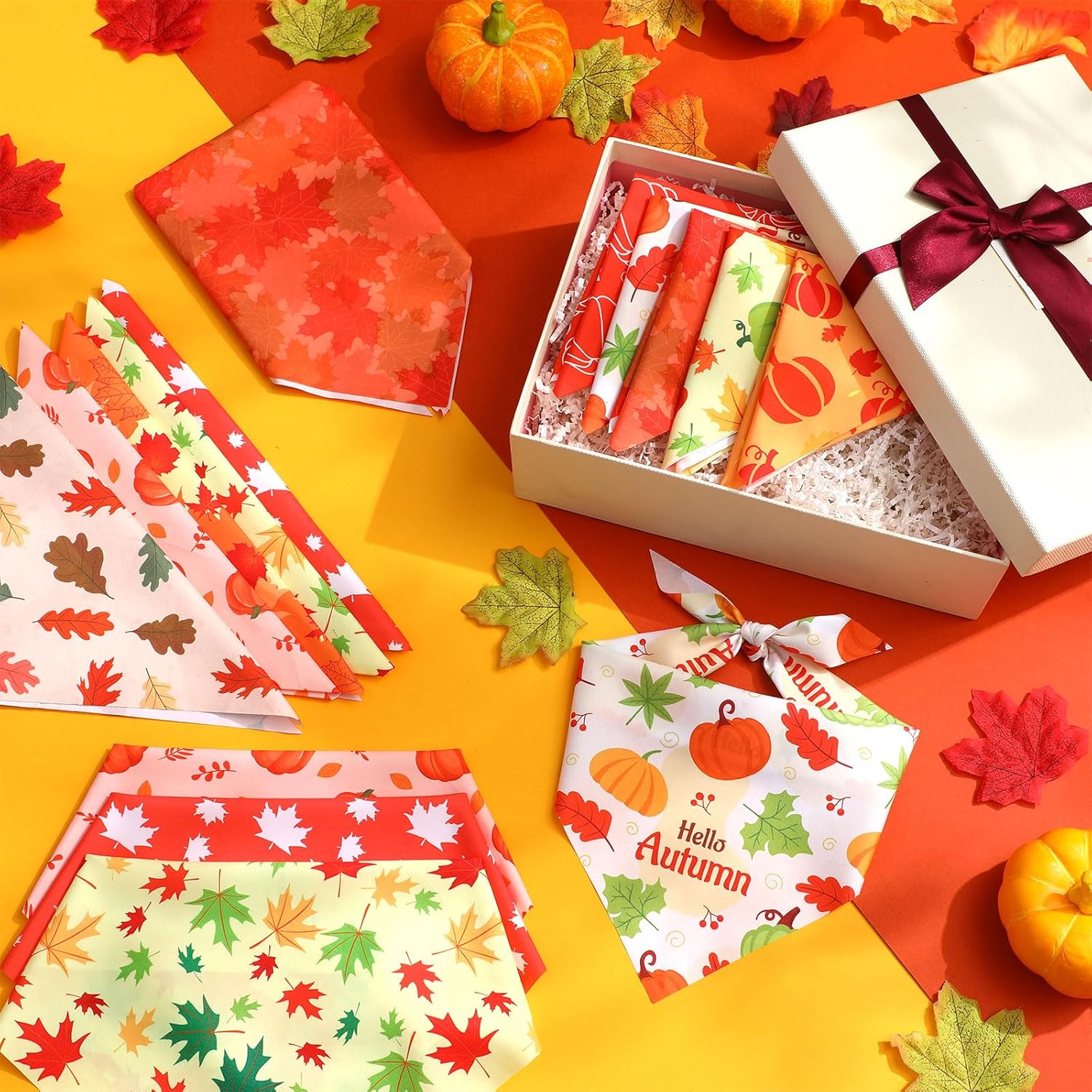 Weewooday 50 Pcs Fall Dog Bandanas Bulk for Dogs Thanksgiving Soft Bibs Adjustable Triangle Pet Bandana for Small Medium Large Costume(Leaves Pattern, 25.6 x 17.7 x 17.7 Inch)