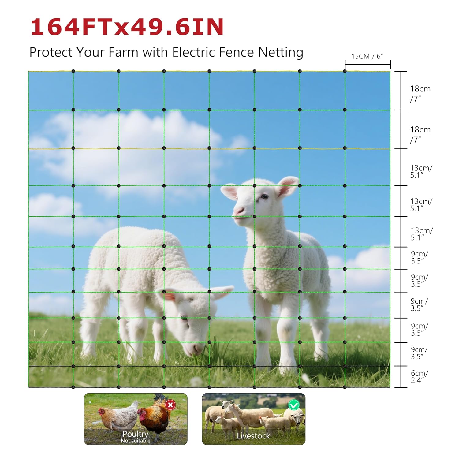 Electric Fence Netting, 49.6" H x 164'L, Electric Poultry Fence, Net Fencing Kit, Movable Livestock Nets for Yard,Backyards,Farms,Ranches, Energizer Not Included