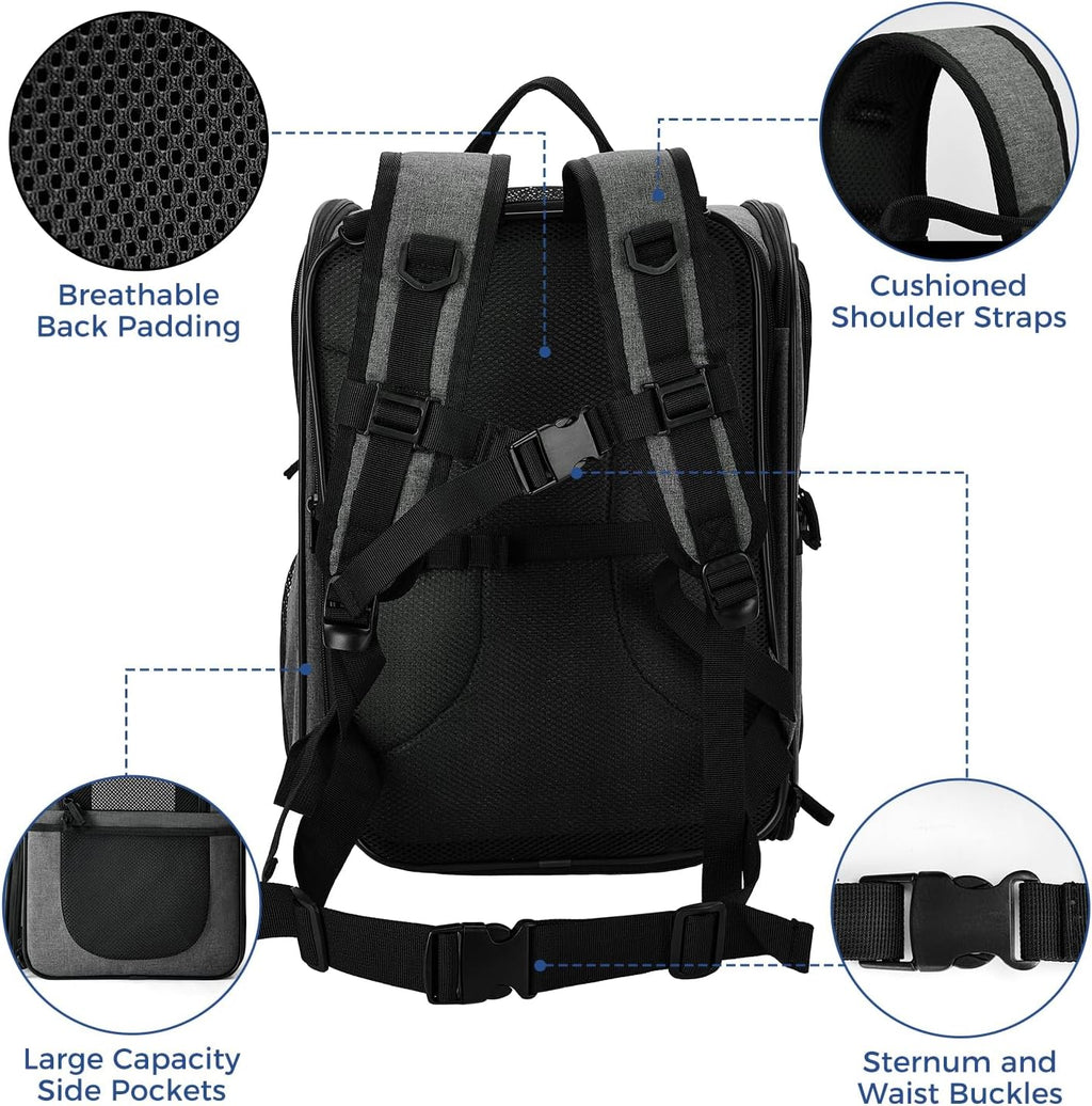 Apollo Walker Pet Carrier Backpack for Large/Small Cats and Dogs, Puppies, Safety Features and Cushion Back Support for Travel, Hiking, Outdoor Use (Gray-Expandable)