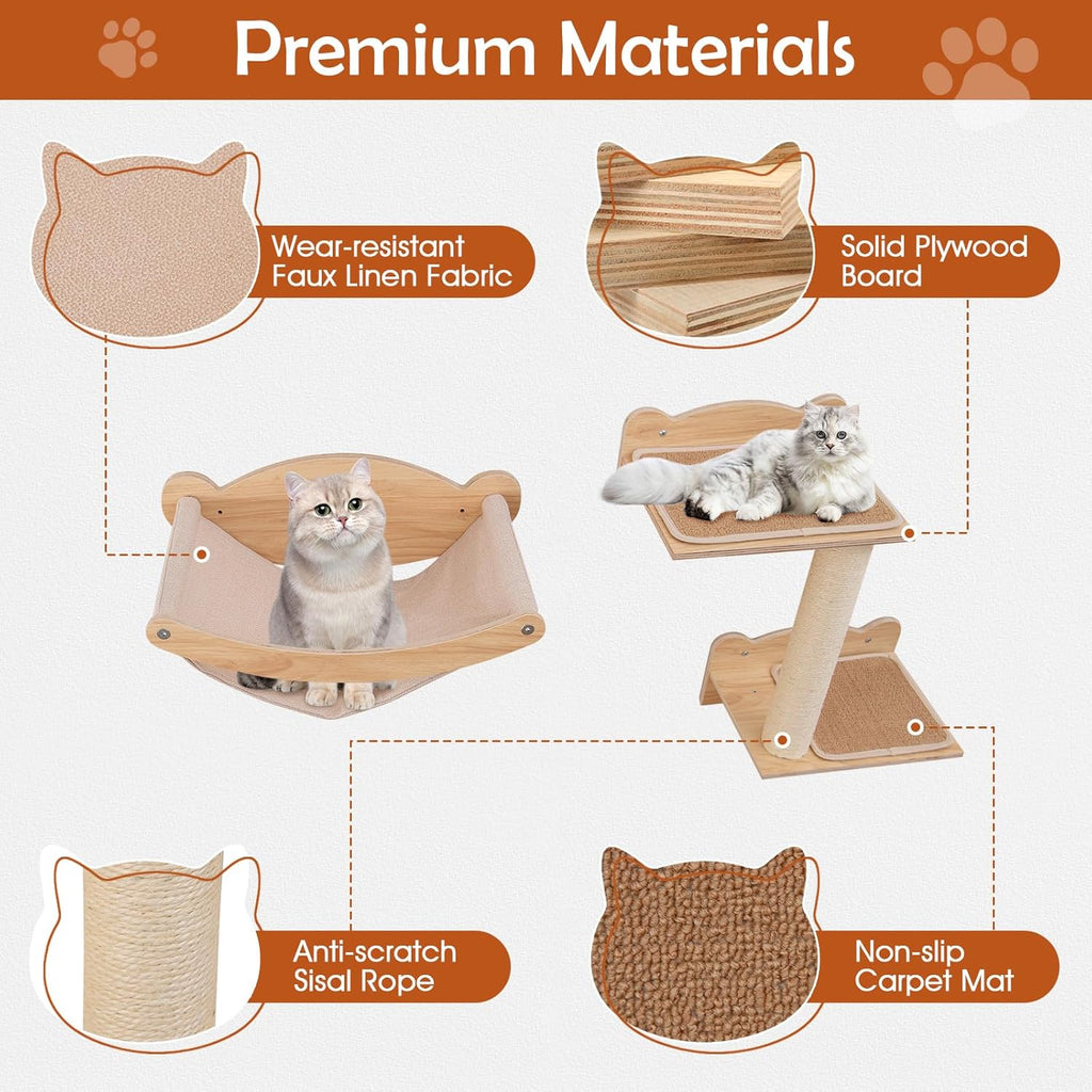 Tangkula Cat Wall Shelves, Wall Mounted 4pcs Kitten Furniture Set with Hammock, 2-Step Kitty Tree, Perch, Non-Slip Carpet Mat, Sisal Stairs & Scratching Posts, Wooden Cat Climber Steps (Natural)