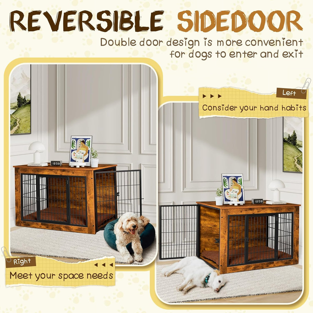 Bigrab Dog Crate Furniture with Thick Cushion, Side End Table Wooden Dog Cage with Double Doors, Chew-Resistant Dog Kennel Dog House Indoor for Small to Large Dog, L