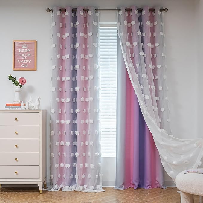 MYSKY HOME Pink Purple Curtains for Bedroom 72 Inch Long Nursery Curtains Pom Pom White Sheer Curtains for Girls Room Double Layer Toddler Dining Room Grommet Room Darkening Window Panels W52 X L72
