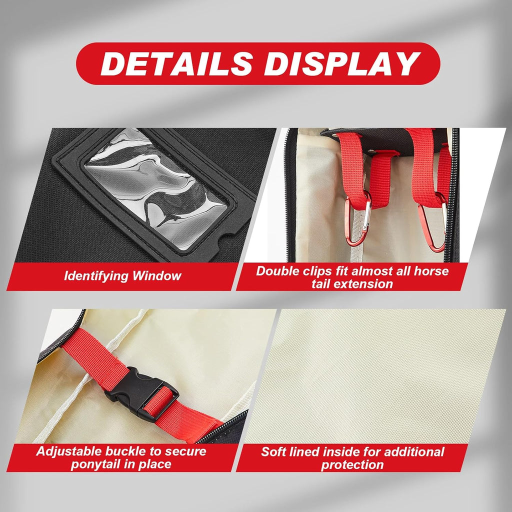 Horse Tail Extension Bag and Double Side Pin and Bristle Comb Brush, Red and Black Fake Horse Tail Bag
