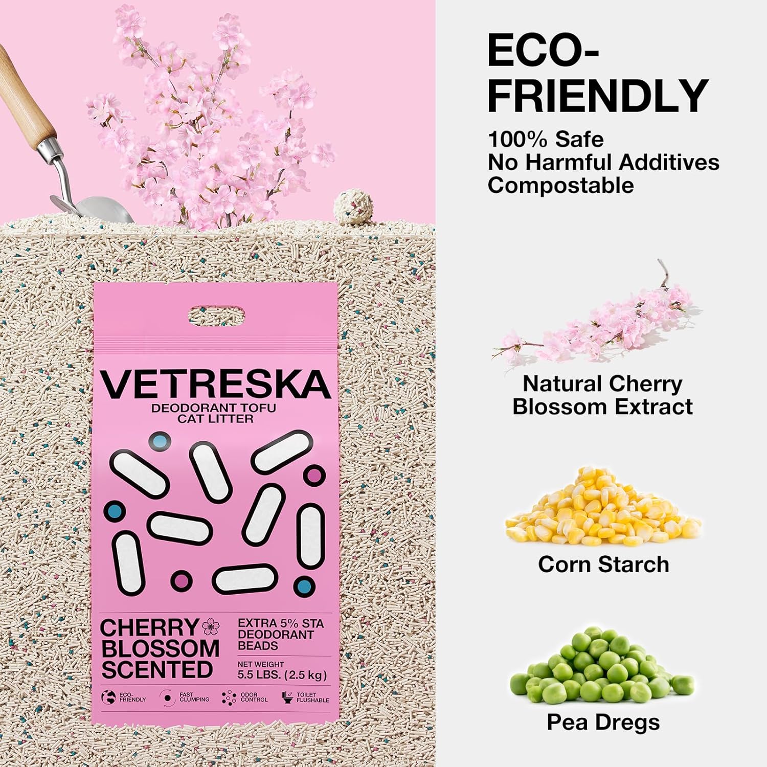 VETRESKA Cherry Blossom Tofu Cat Litter,Natural Pretty Kitty Litter Strong Clumping Flushable Cat Litter Pellets Ultra Absorbent,Dust-Free,Low Tracking,Deodorant Tofu Litter Compostable(5.5lb×4bags)