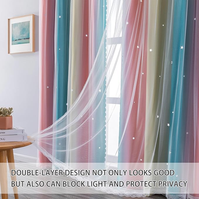 XiDi Rainbow Blackout Curtains 96 Inches Long for Girls Bedroom 2 Panels Set, Kids Pink Curtains for Room Decor Unicorn Wall Decals Drapes for Little Girl Nursery Pink Blue Yellow 34 Inches Wide