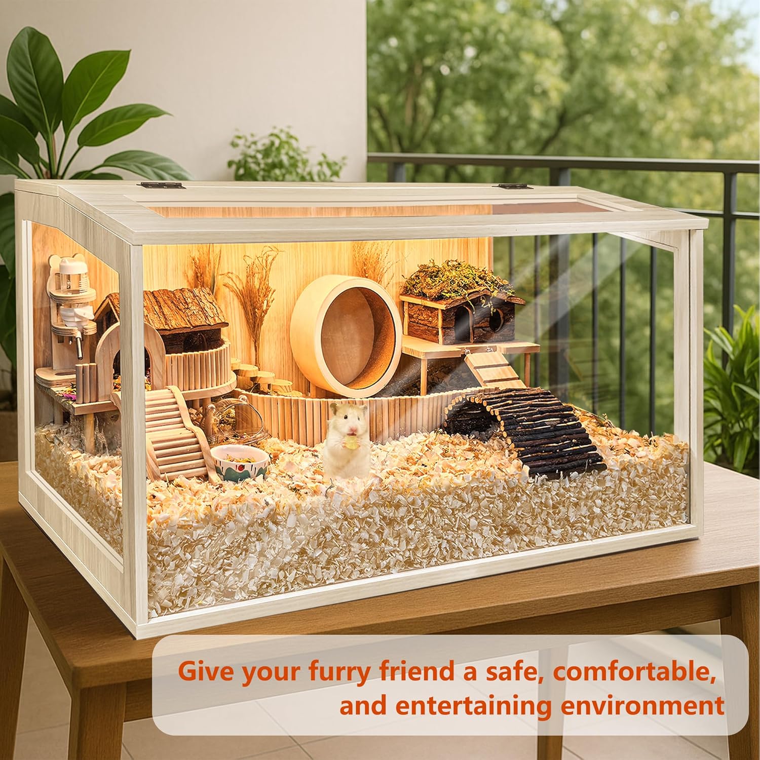 Prolee Hamster Cage Chewproof Wooden 24 Inch Guinea Pig Cages Mice and Rat Habitat Openable Top with Acrylic Sheets Solid Built