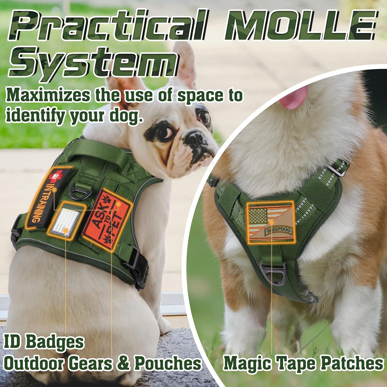 rabbitgoo Tactical Dog Harness Medium Sized Dog, No Pull Military Service Vest with Handle & Molle, Easy Control for Training Walking, Adjustable Reflective Straps, Green, M